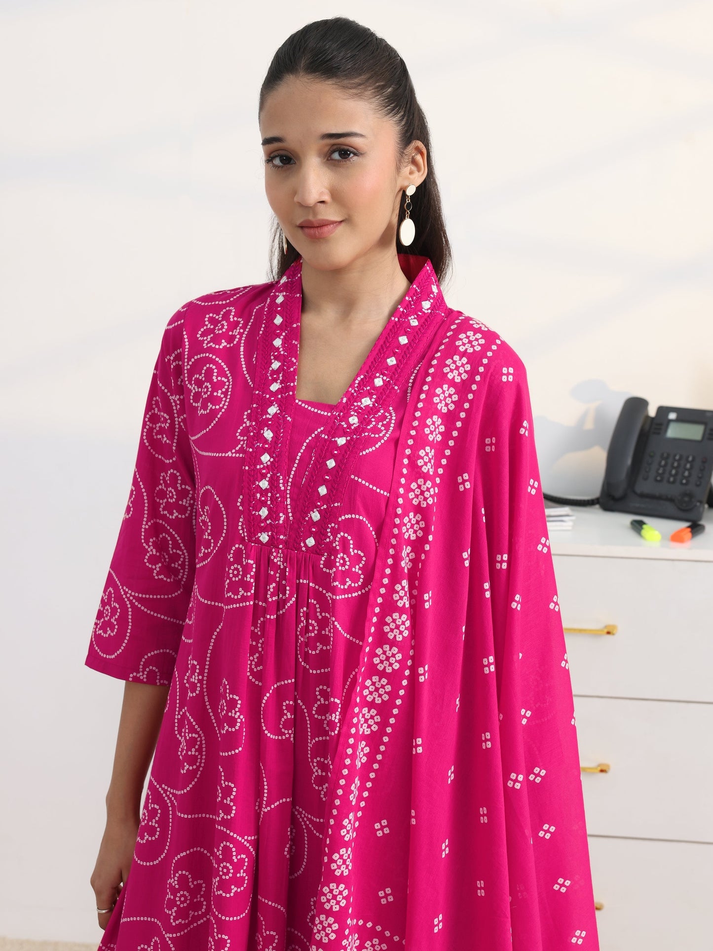 Gerua Pink Bandhani Printed Cotton Blend A-Line Suit Set With Dupatta