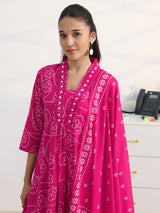 Gerua Pink Bandhani Printed Cotton Blend A-Line Suit Set With Dupatta