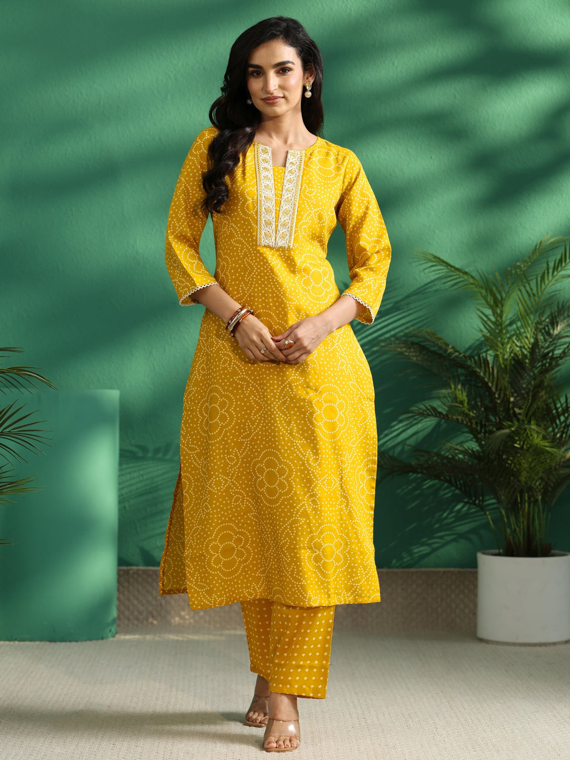 Mameraa Mustard Bandhani A-Line Kurta Set