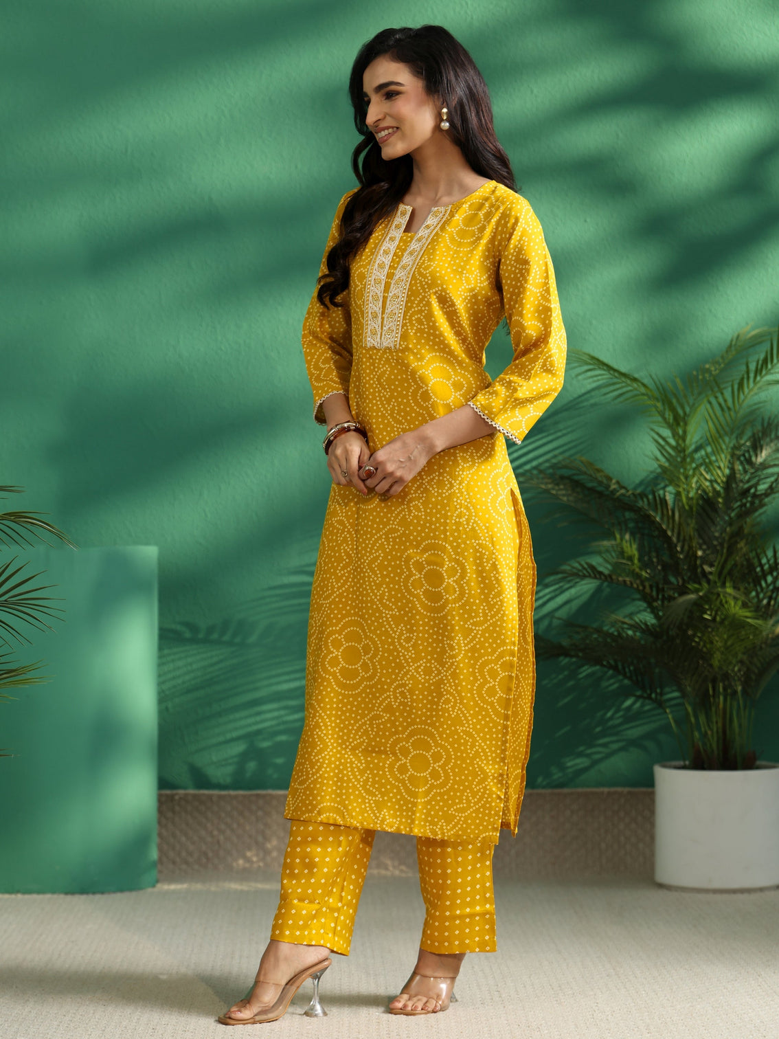 Mameraa Mustard Bandhani A-Line Kurta Set