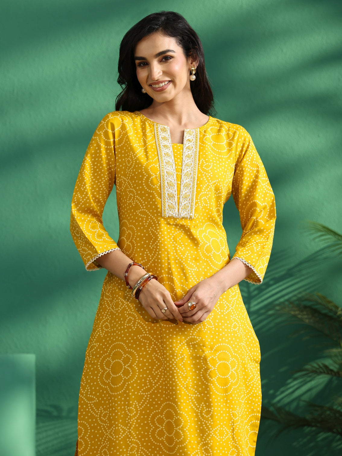 Mameraa Mustard Bandhani A-Line Kurta Set