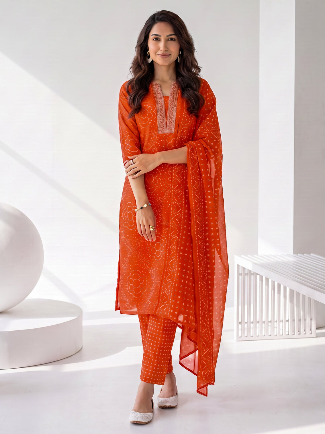 Mameraa Tangerine Orange Bandhani Printed Straight Suit Set