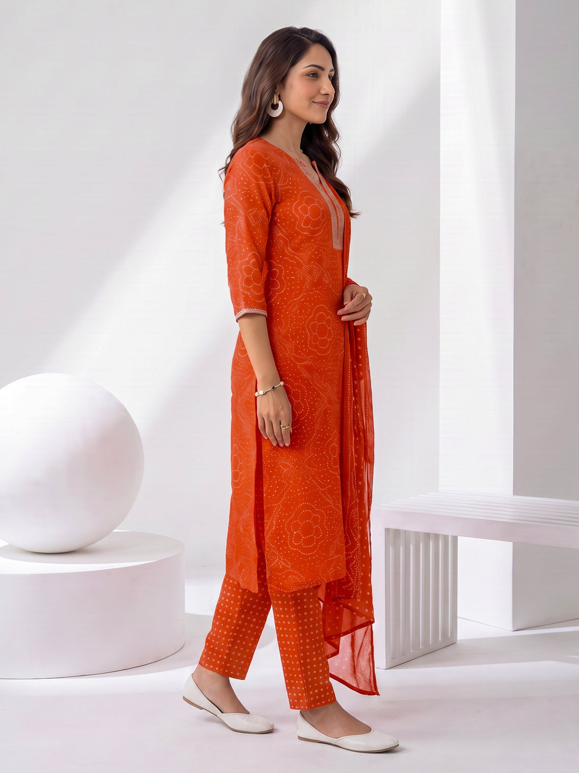 Mameraa Tangerine Orange Bandhani Printed Straight Suit Set