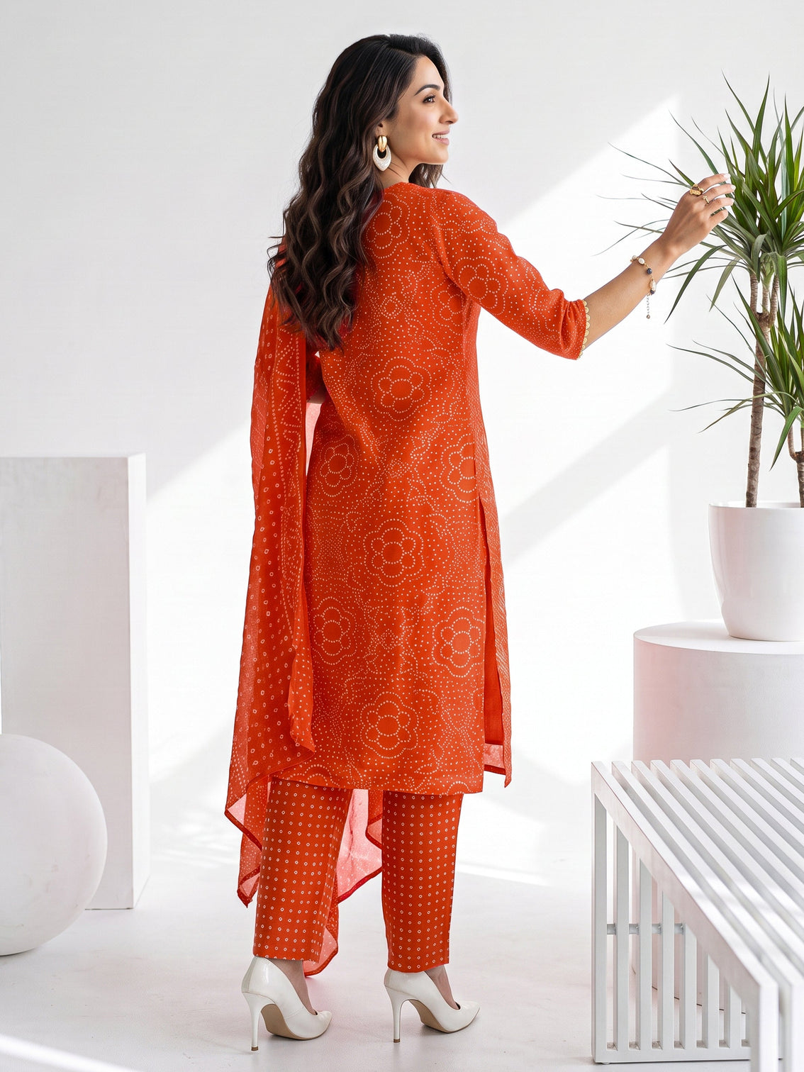 Mameraa Tangerine Orange Bandhani Printed Straight Suit Set