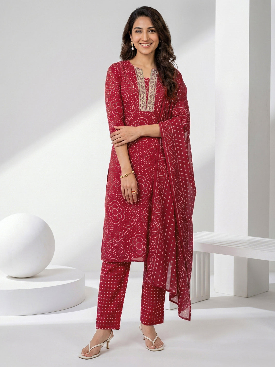 Mameraa Red Bandhani Printed Straight Suit Set