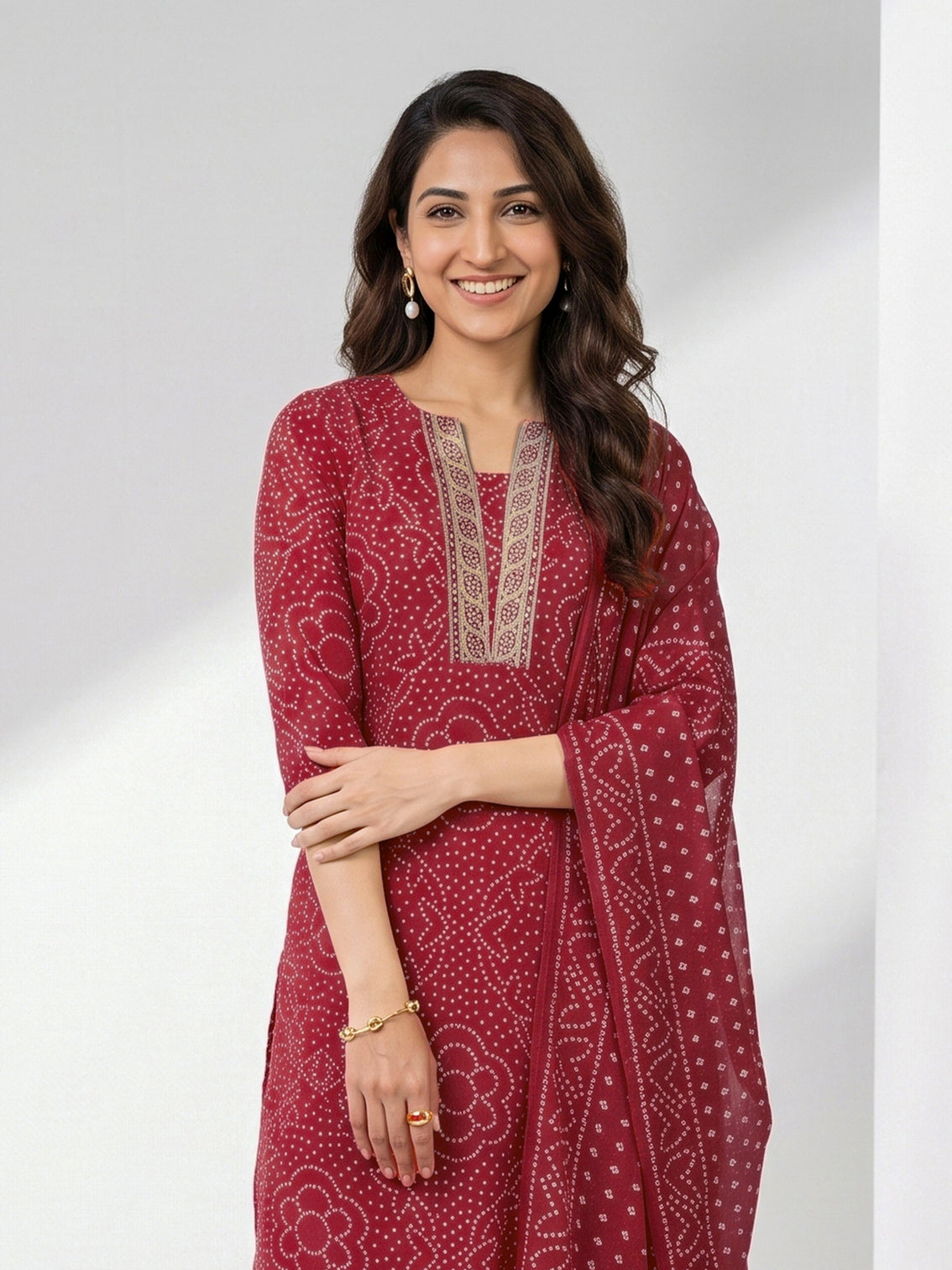 Mameraa Red Bandhani Printed Straight Suit Set