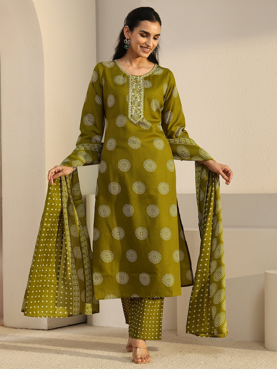 Mameraa Green Circular Print Straight Suit Set