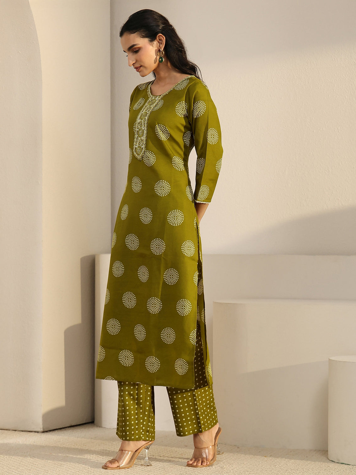 Mameraa Green Circular Print Straight Suit Set