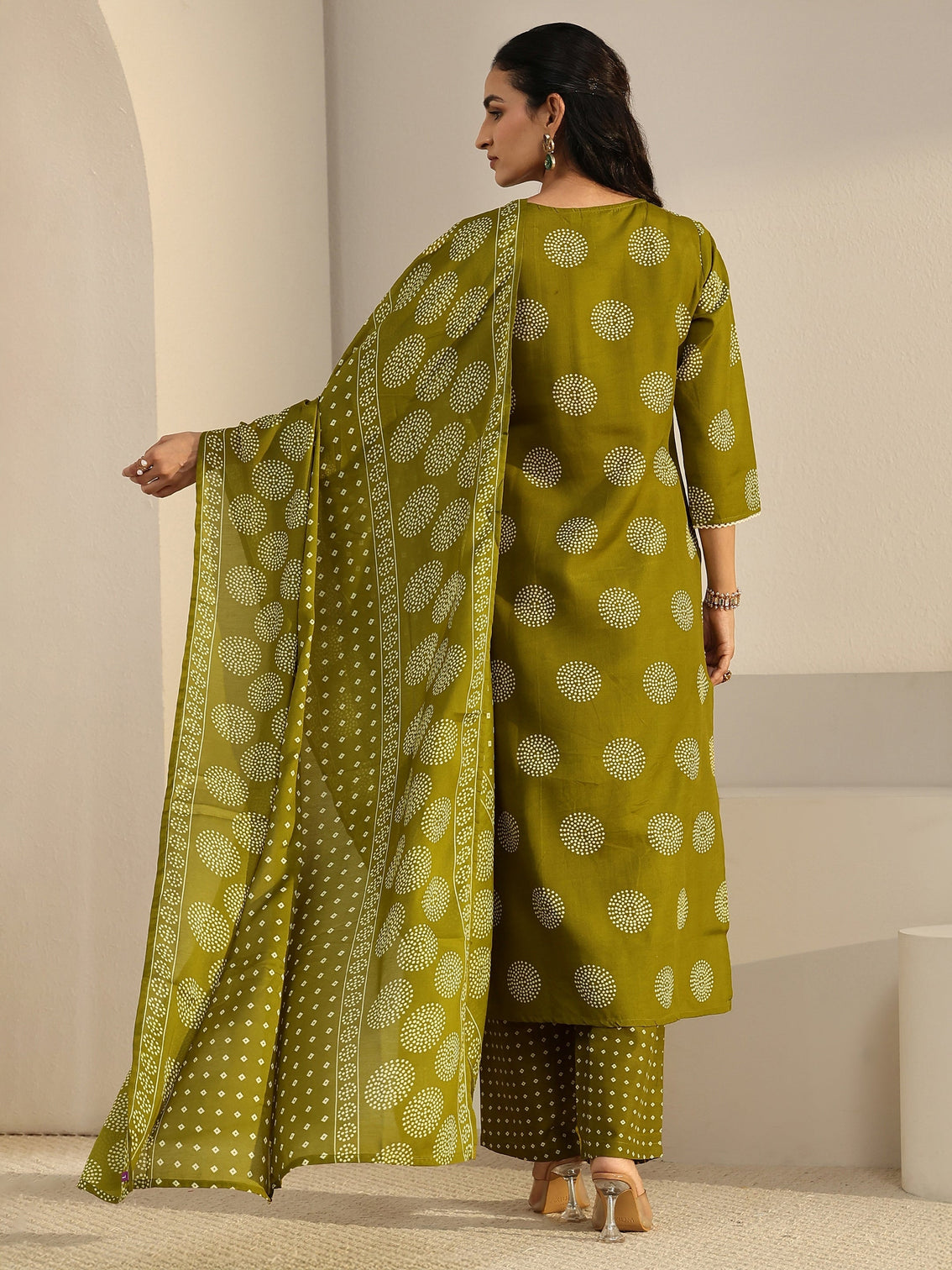 Mameraa Green Circular Print Straight Suit Set