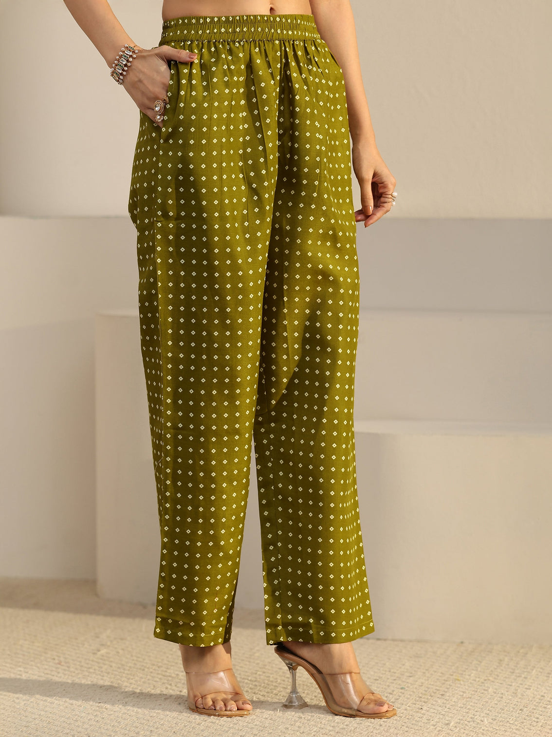 Mameraa Green Circular Print Straight Suit Set