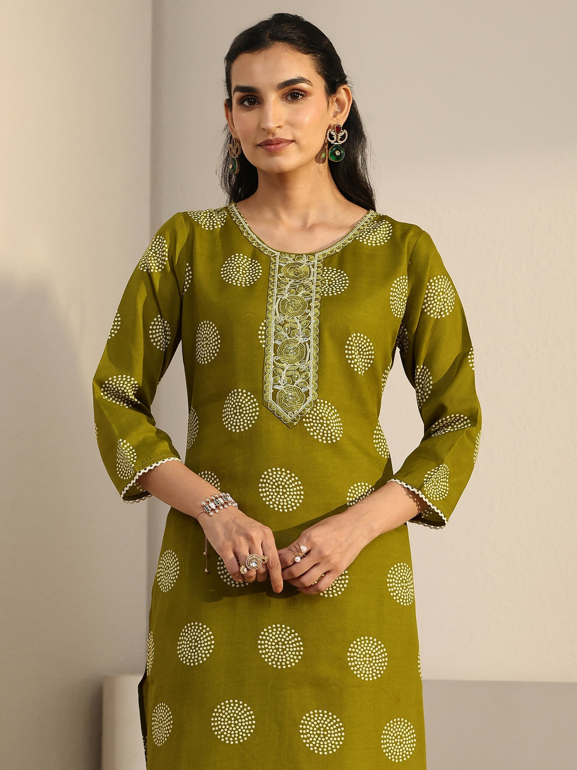 Mameraa Green Circular Print Straight Suit Set