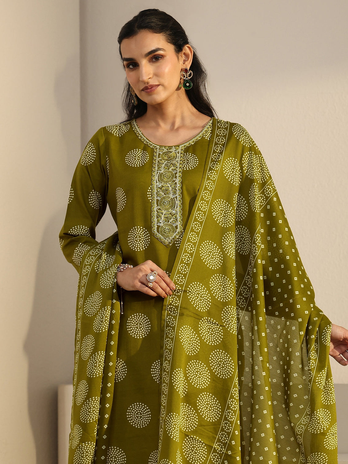 Mameraa Green Circular Print Straight Suit Set