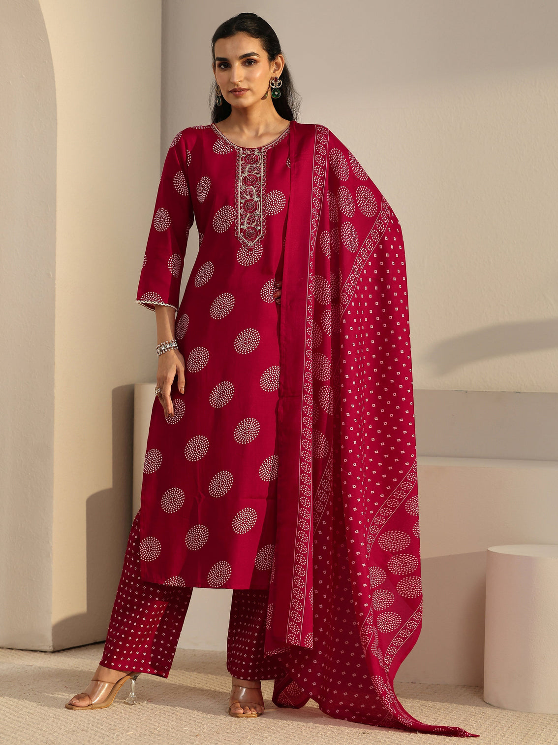 Mameraa Red Circular Print Straight Suit Set