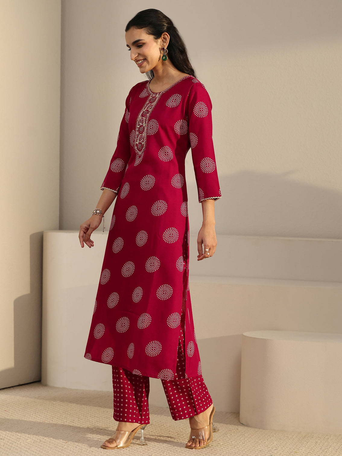 Mameraa Red Circular Print Straight Suit Set