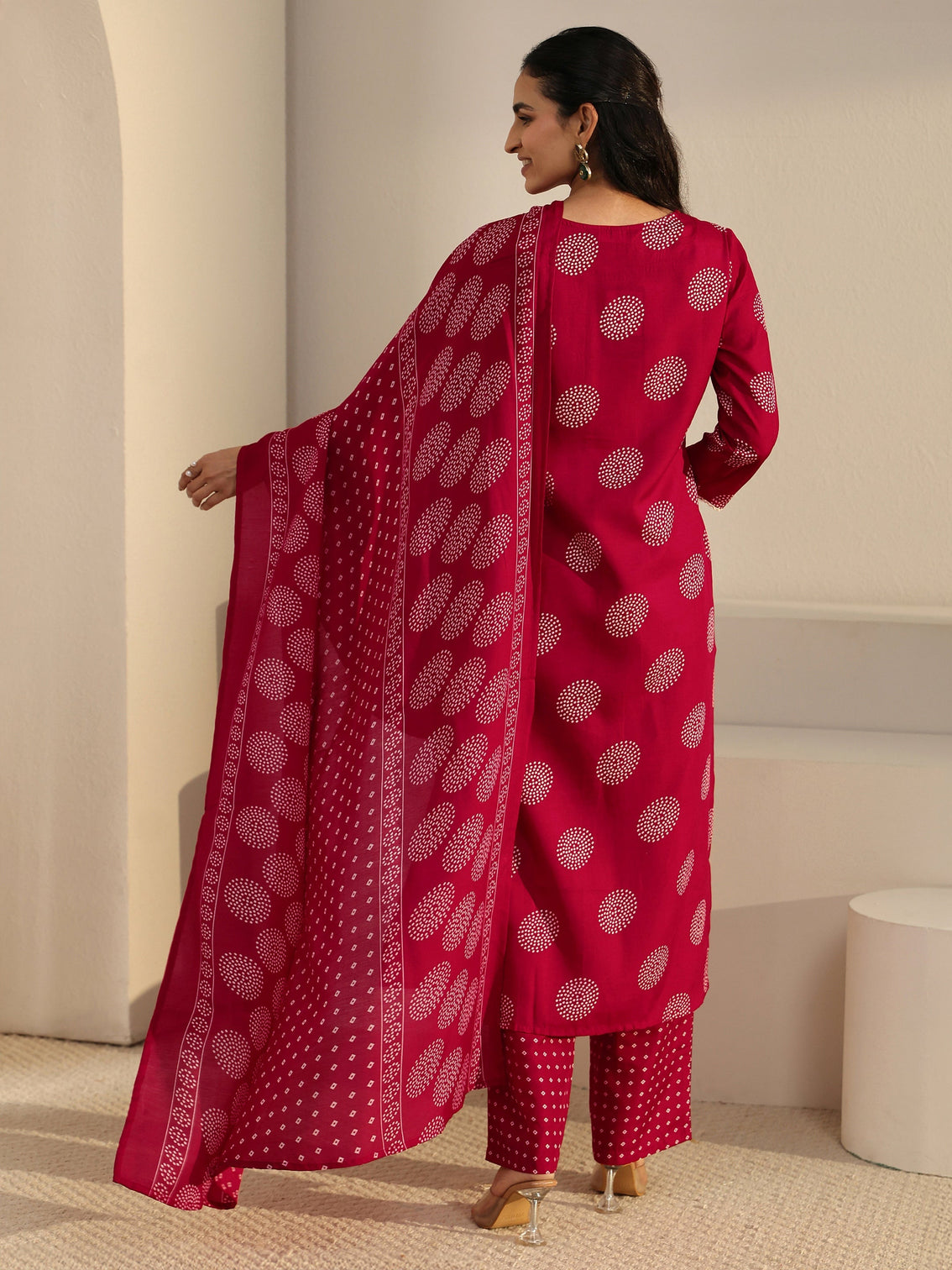 Mameraa Red Circular Print Straight Suit Set
