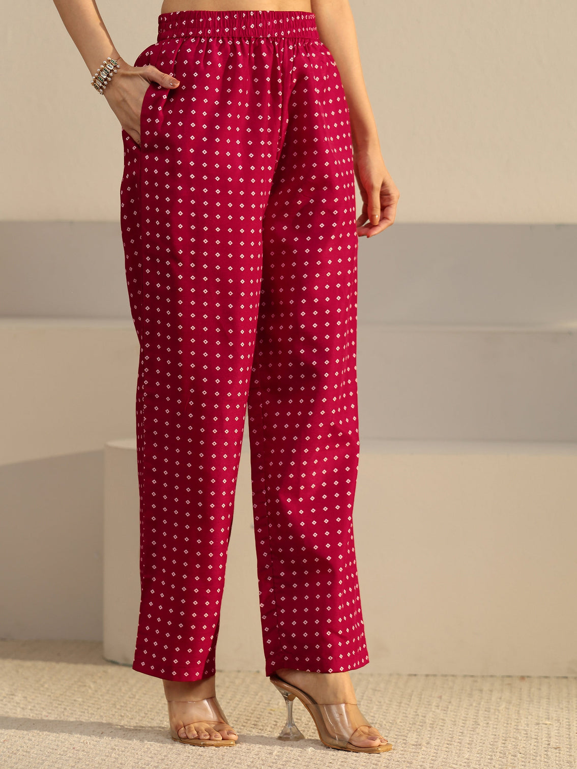 Mameraa Red Circular Print Straight Suit Set