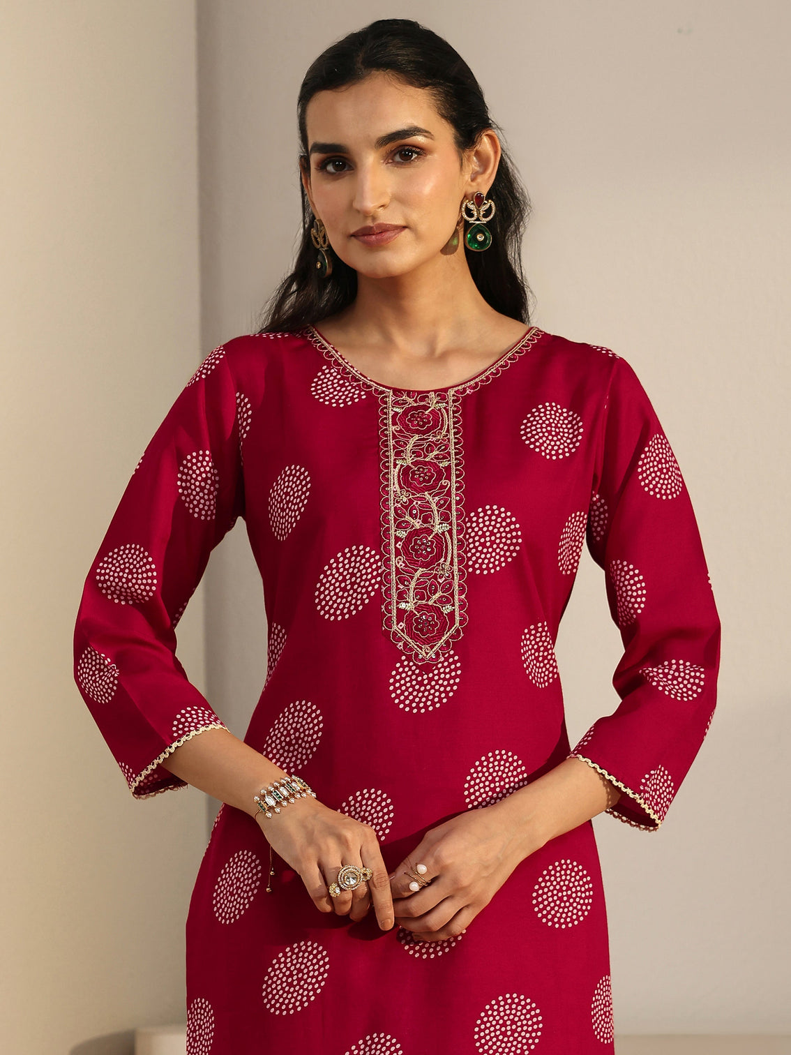 Mameraa Red Circular Print Straight Suit Set