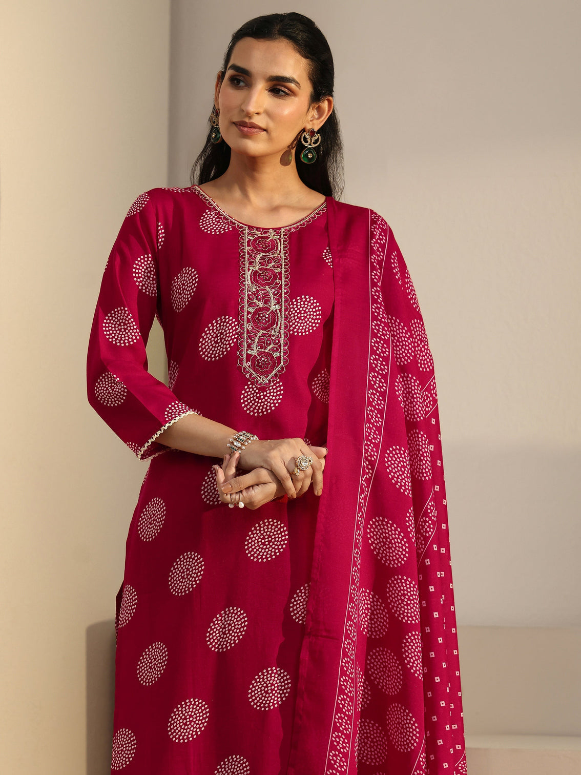 Mameraa Red Circular Print Straight Suit Set