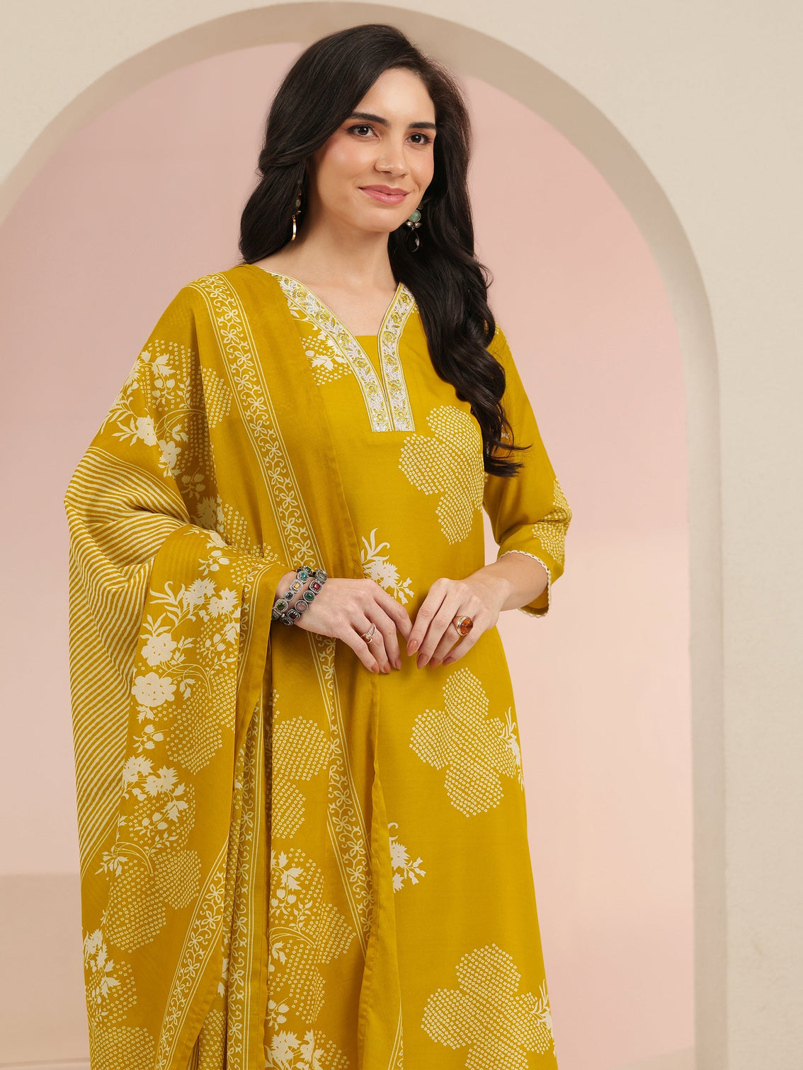 Mameraa Mustard Bandhani Printed Straight Suit Set
