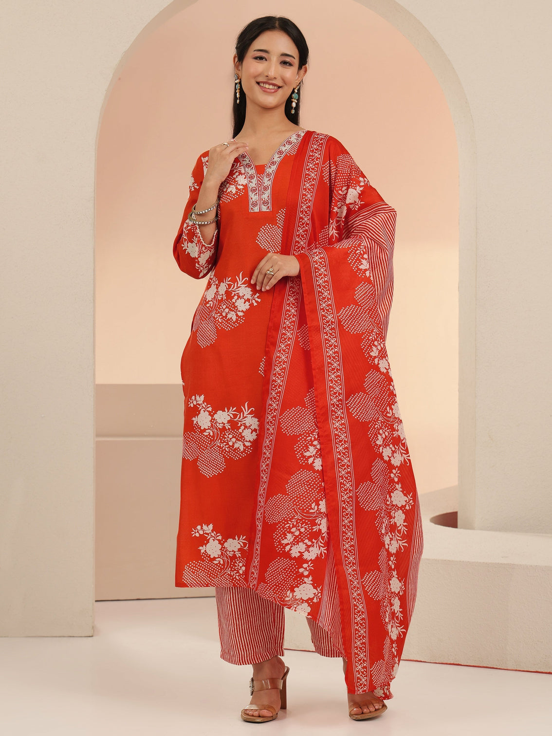 Mameraa Orange Bandhani Printed Straight Suit Set