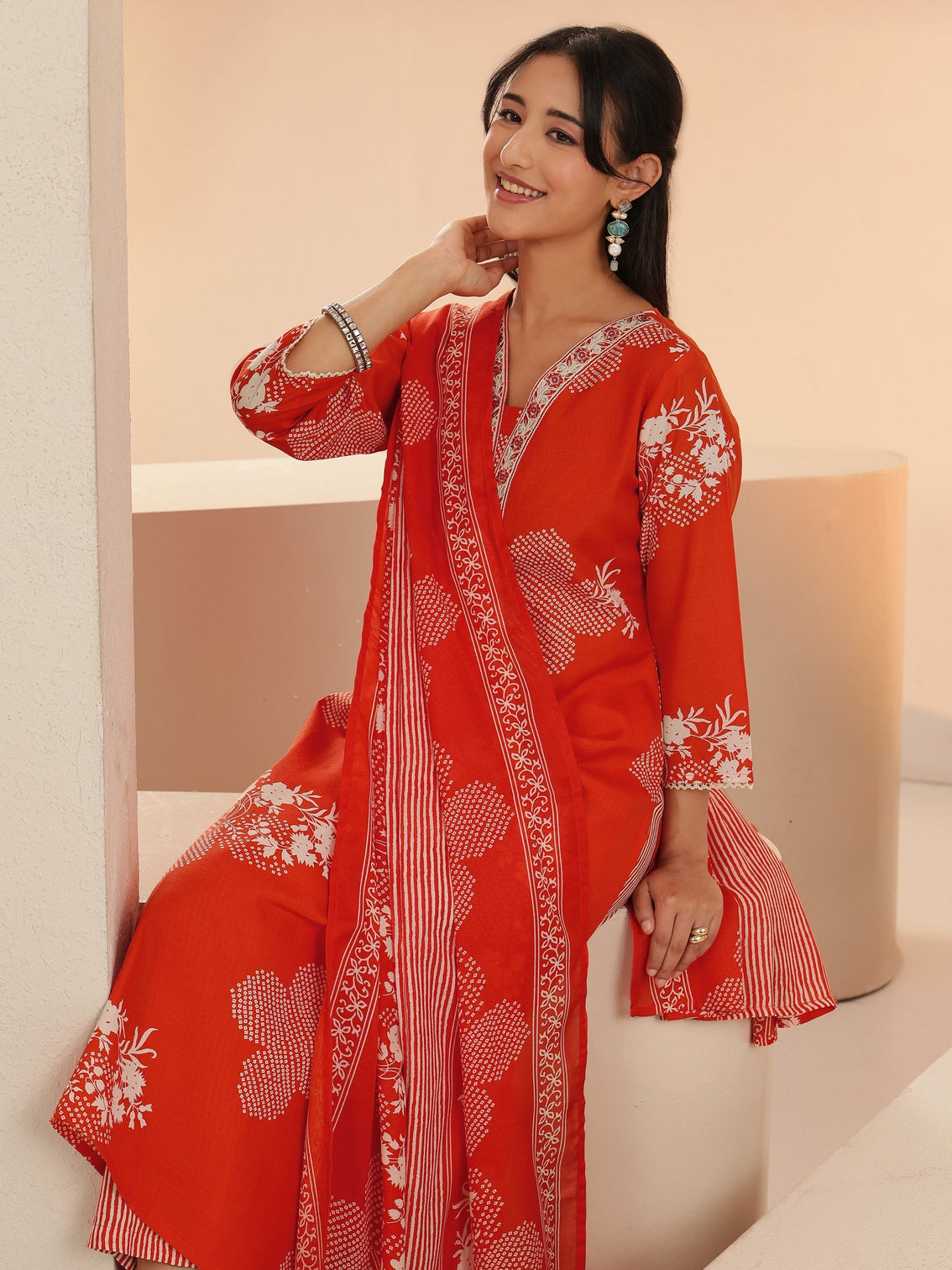 Mameraa Orange Bandhani Printed Straight Suit Set