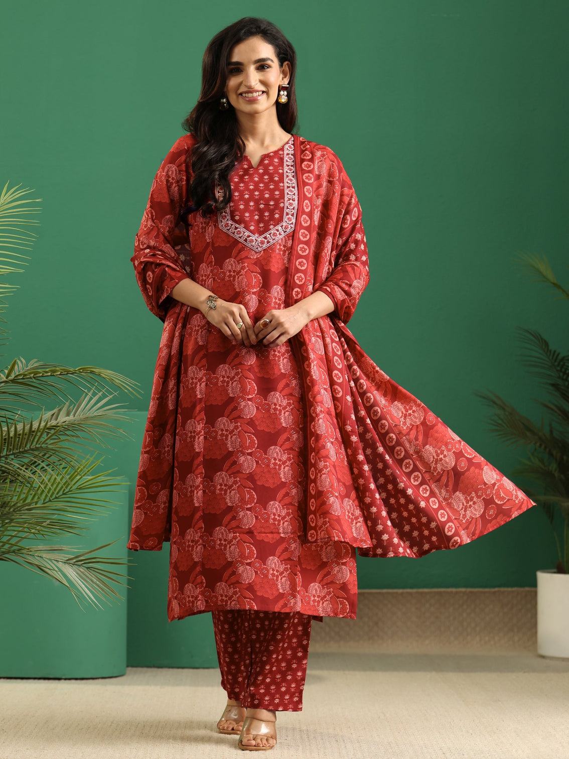 Mameraa Maroon Floral Printed A-Line Suit Set