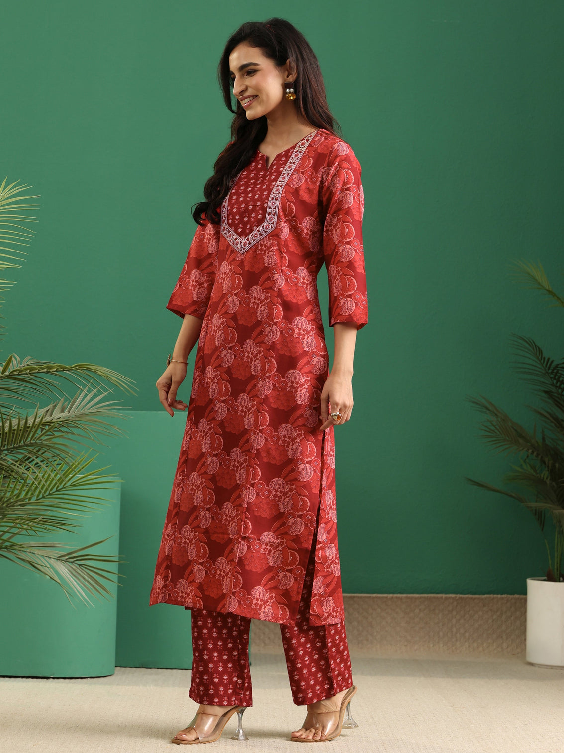 Mameraa Maroon Floral Printed A-Line Suit Set