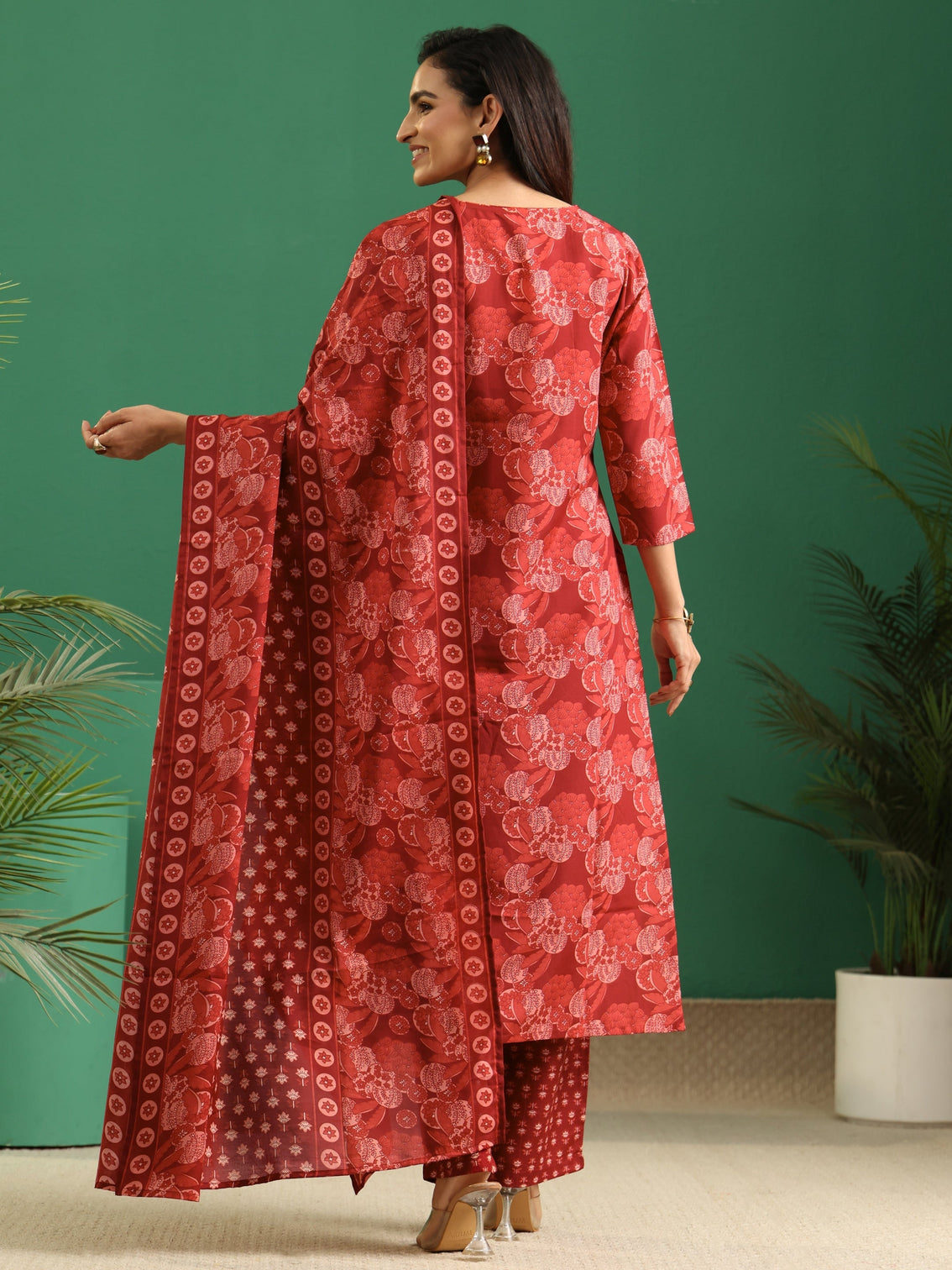 Mameraa Maroon Floral Printed A-Line Suit Set