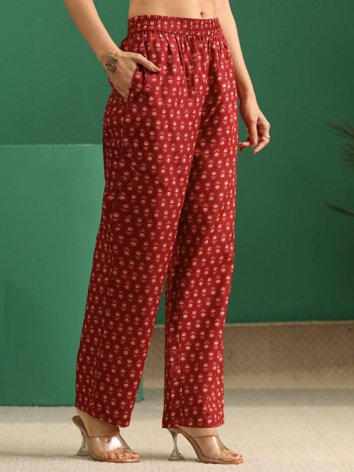 Mameraa Maroon Floral Printed A-Line Suit Set