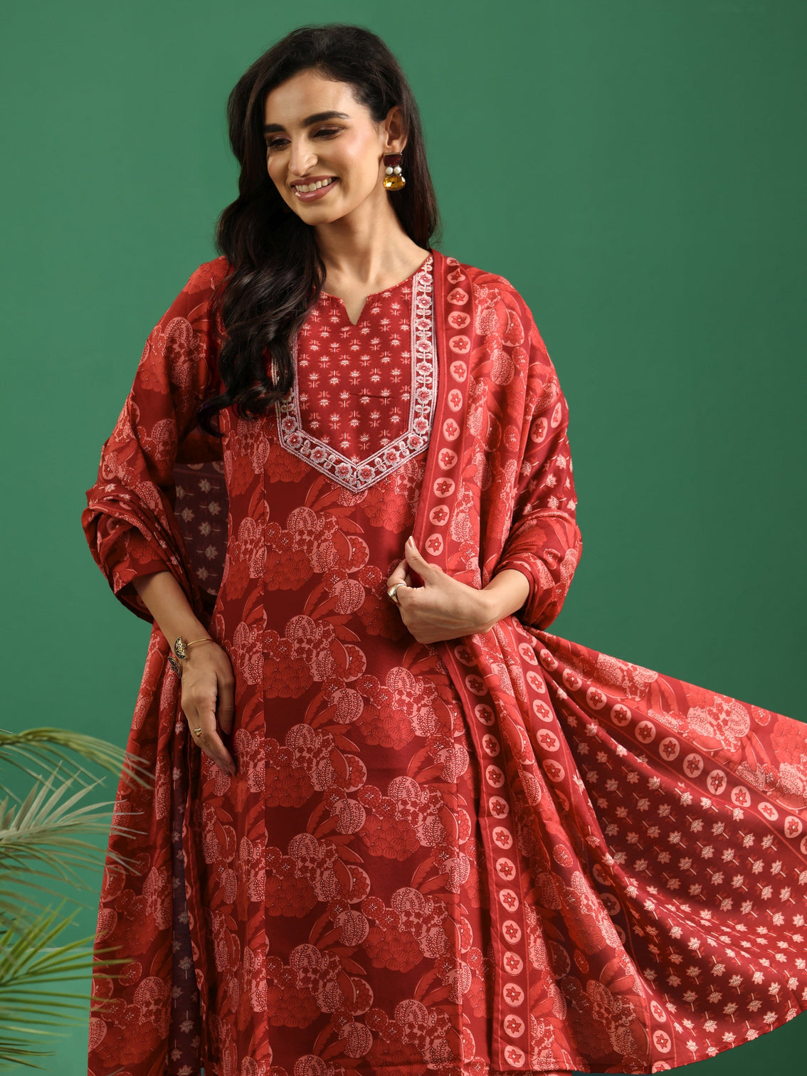 Mameraa Maroon Floral Printed A-Line Suit Set