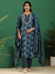 Mameraa Blue Floral Printed A-Line Suit Set