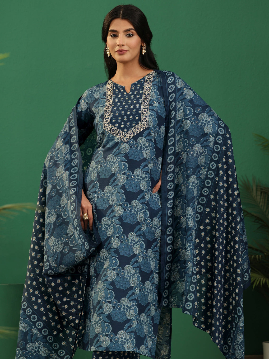Mameraa Blue Floral Printed A-Line Suit Set