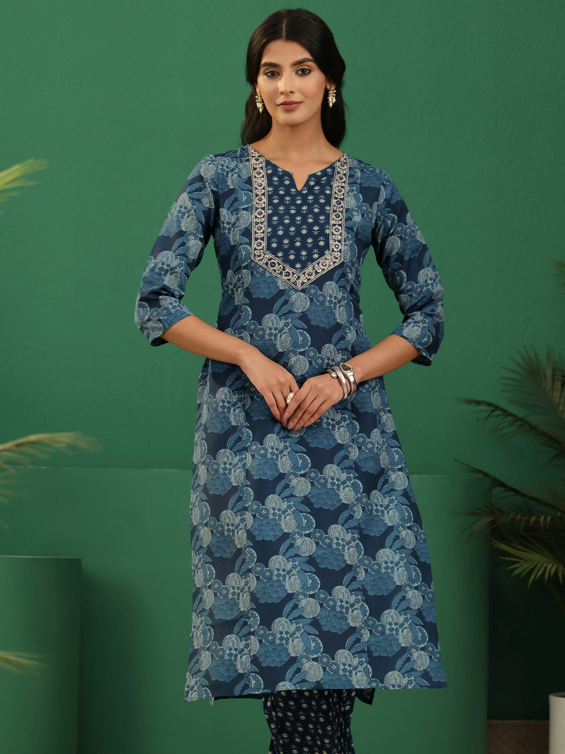 Mameraa Blue Floral Printed A-Line Suit Set