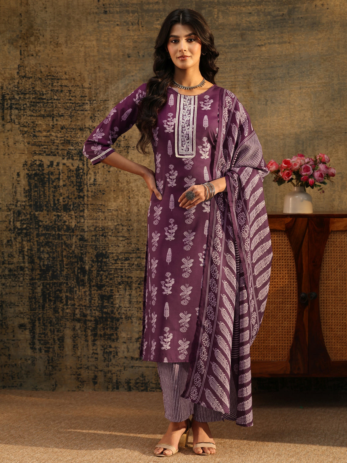 Mameraa Burgundy Floral Printed Straight Suit Set