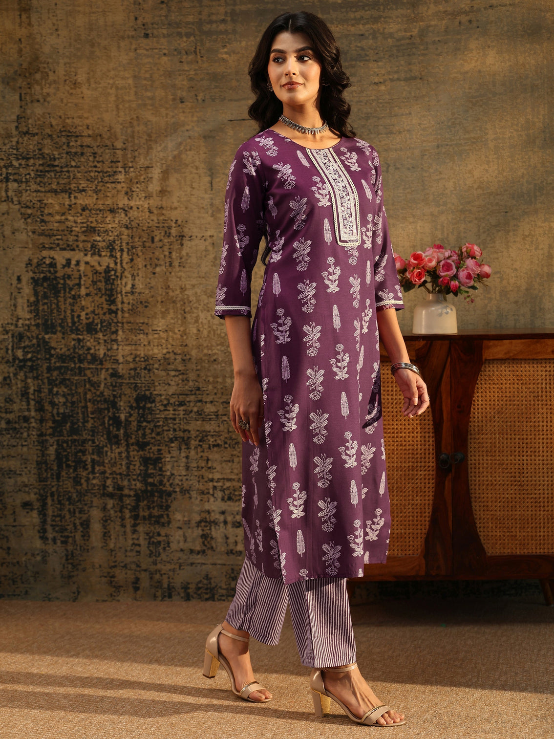 Mameraa Burgundy Floral Printed Straight Suit Set