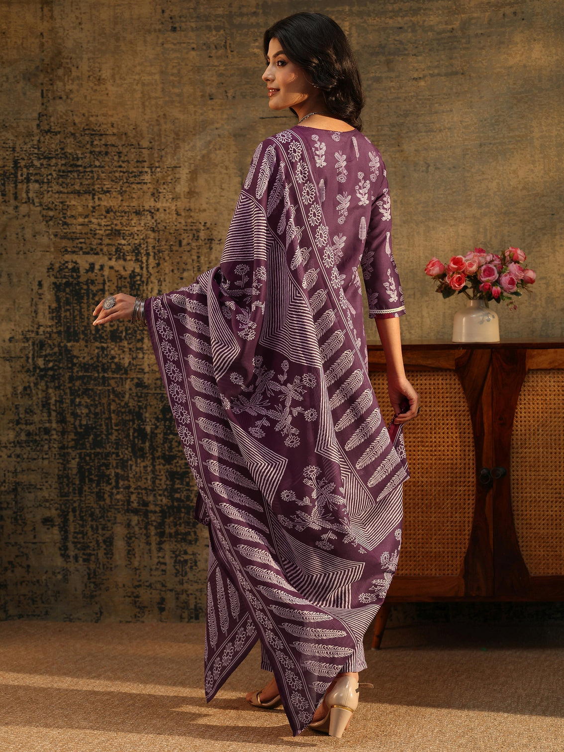 Mameraa Burgundy Floral Printed Straight Suit Set