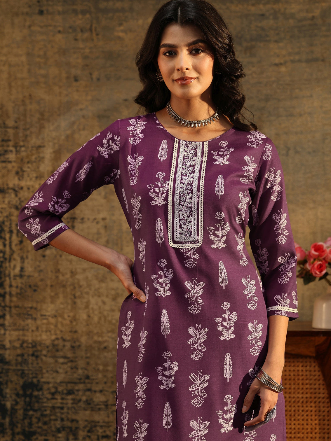 Mameraa Burgundy Floral Printed Straight Suit Set