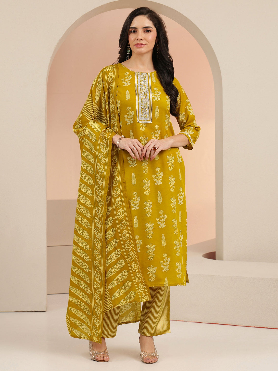 Mameraa Mustard Floral Printed Straight Suit Set