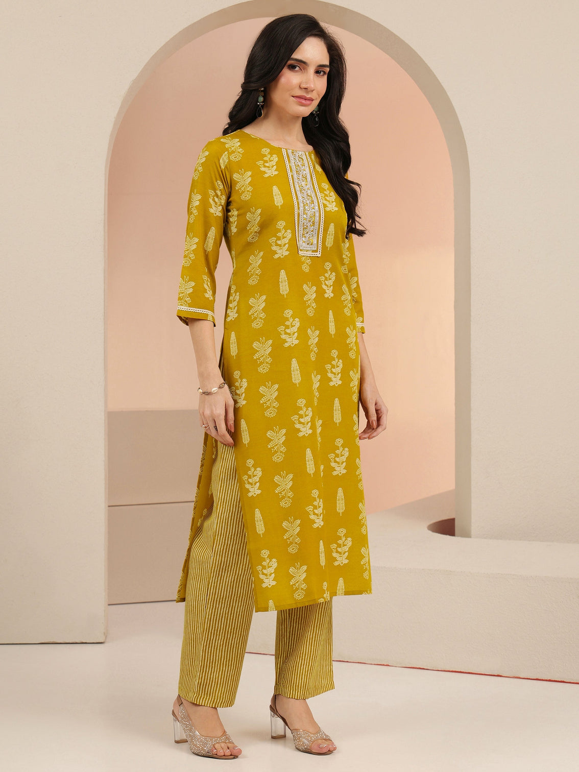 Mameraa Mustard Floral Printed Straight Suit Set