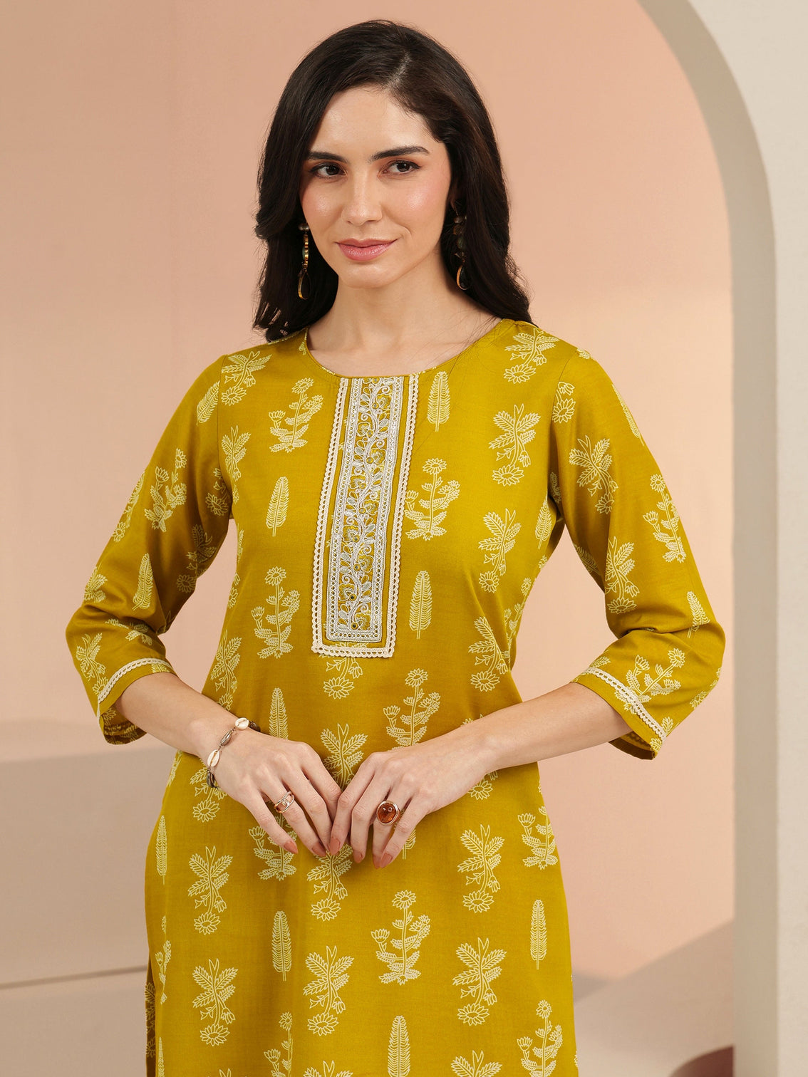 Mameraa Mustard Floral Printed Straight Suit Set
