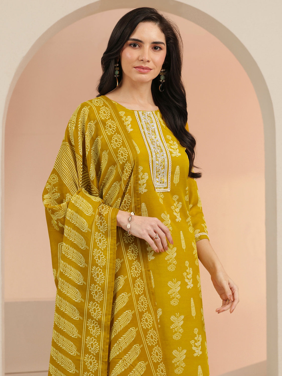 Mameraa Mustard Floral Printed Straight Suit Set
