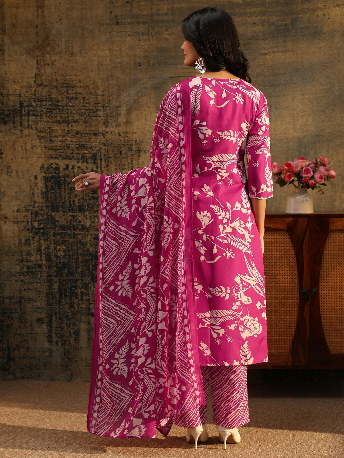 Mameraa Rani Pink Floral Printed Straight Suit Set