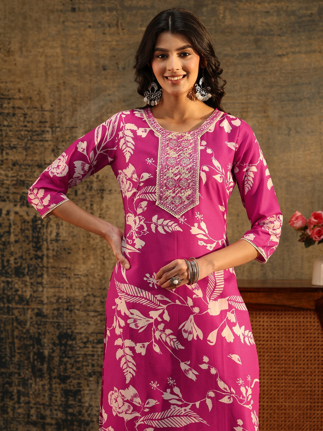 Mameraa Rani Pink Floral Printed Straight Suit Set