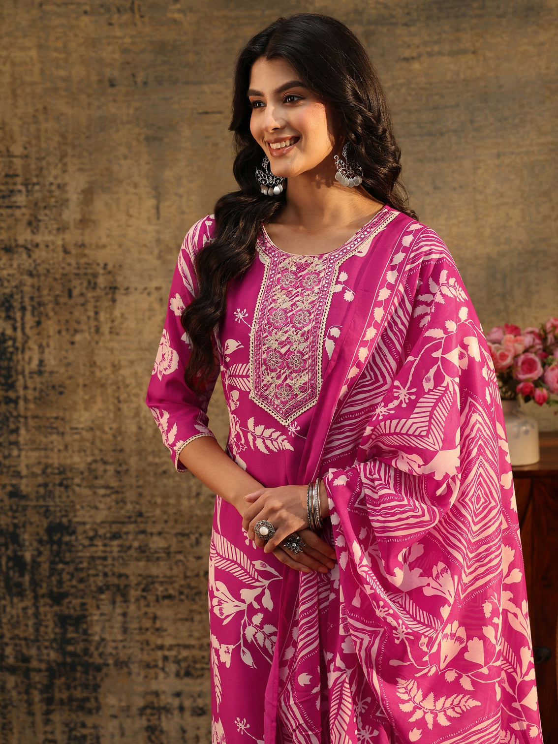 Mameraa Rani Pink Floral Printed Straight Suit Set