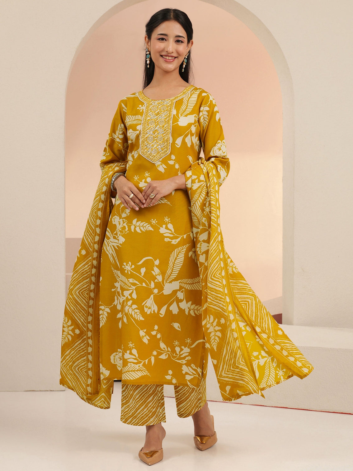Mameraa Mustard Floral Printed Straight Suit Set