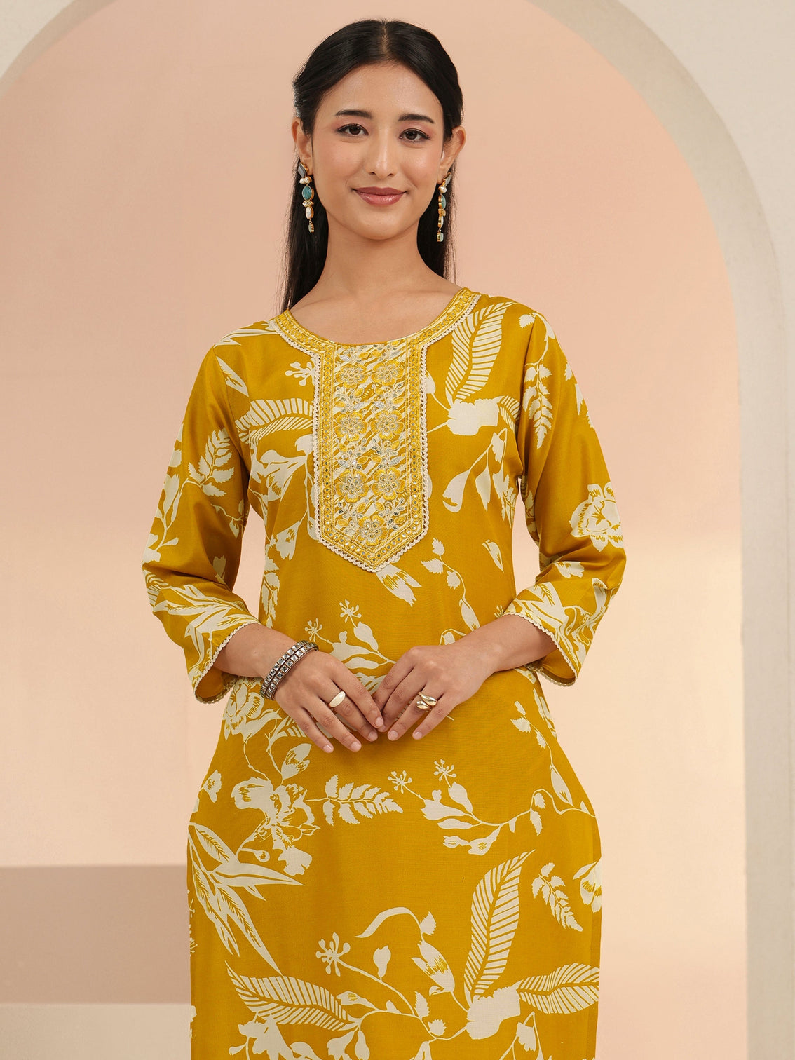 Mameraa Mustard Floral Printed Straight Suit Set
