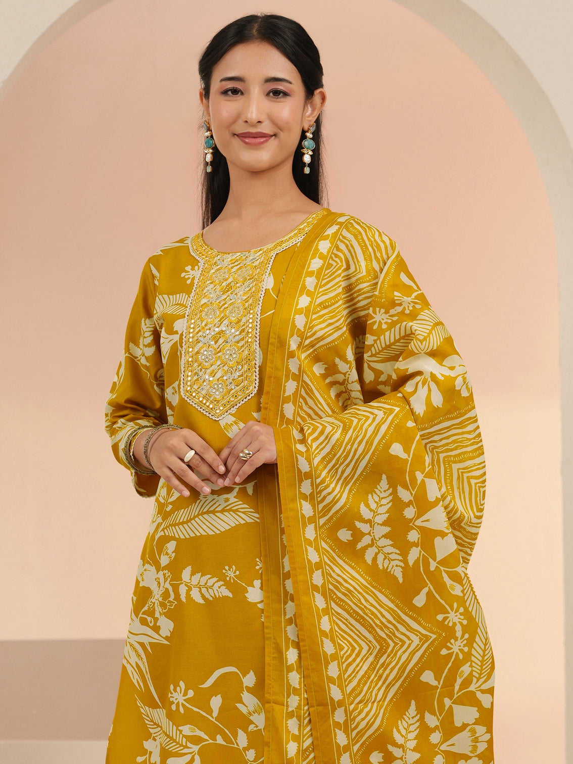 Mameraa Mustard Floral Printed Straight Suit Set
