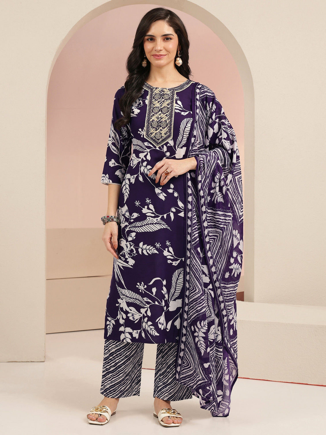 Mameraa Plum Purple Floral Printed Straight Suit Set
