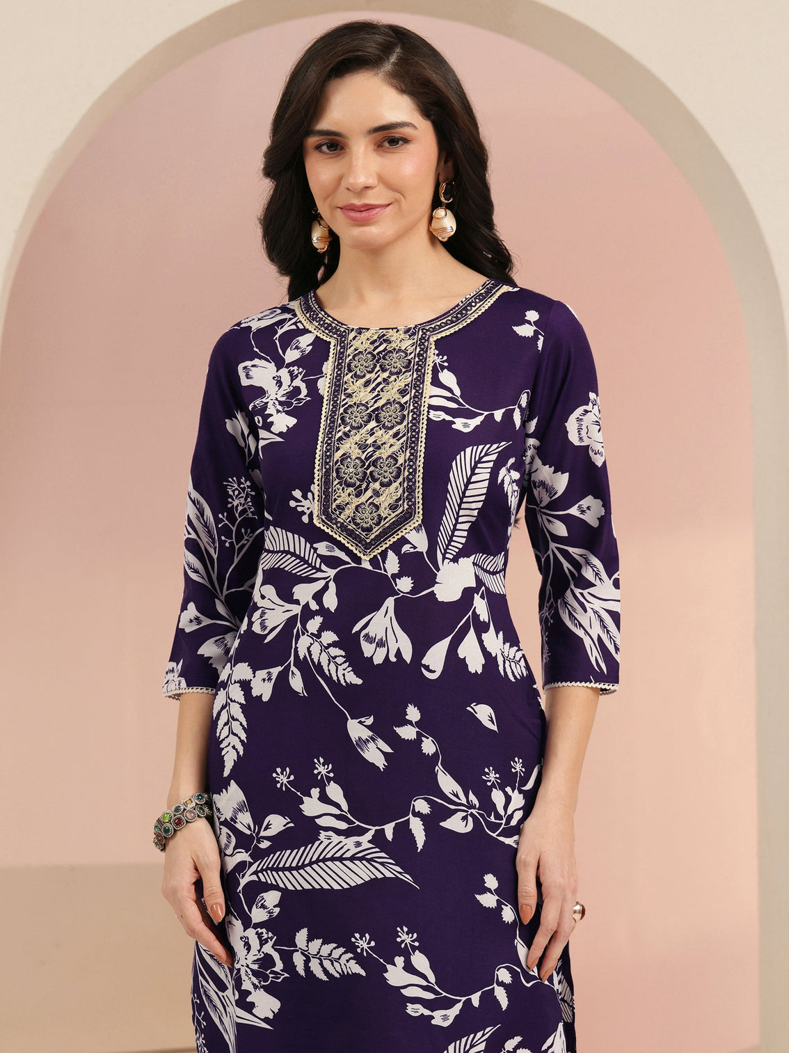 Mameraa Plum Purple Floral Printed Straight Suit Set