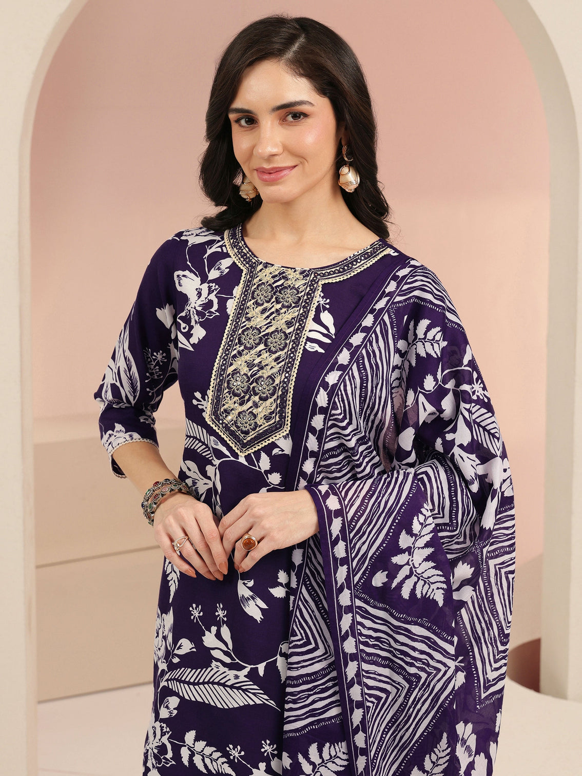Mameraa Plum Purple Floral Printed Straight Suit Set